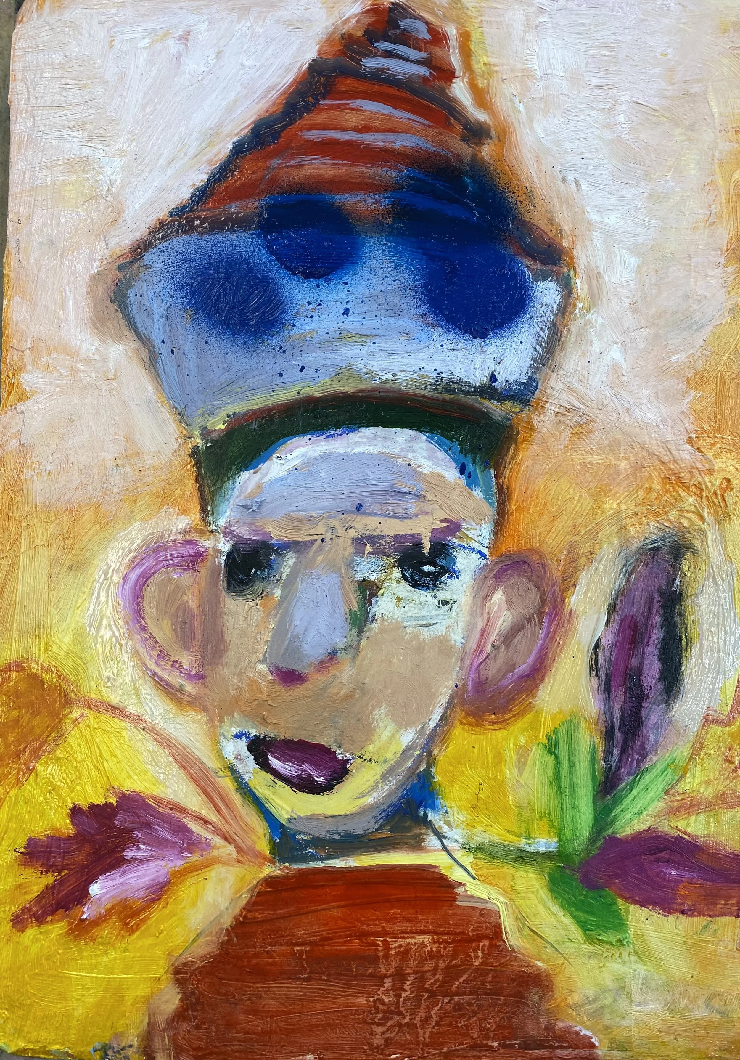 Figure with Hat, 2025, Oil/Panel, 11 x 9.5"
