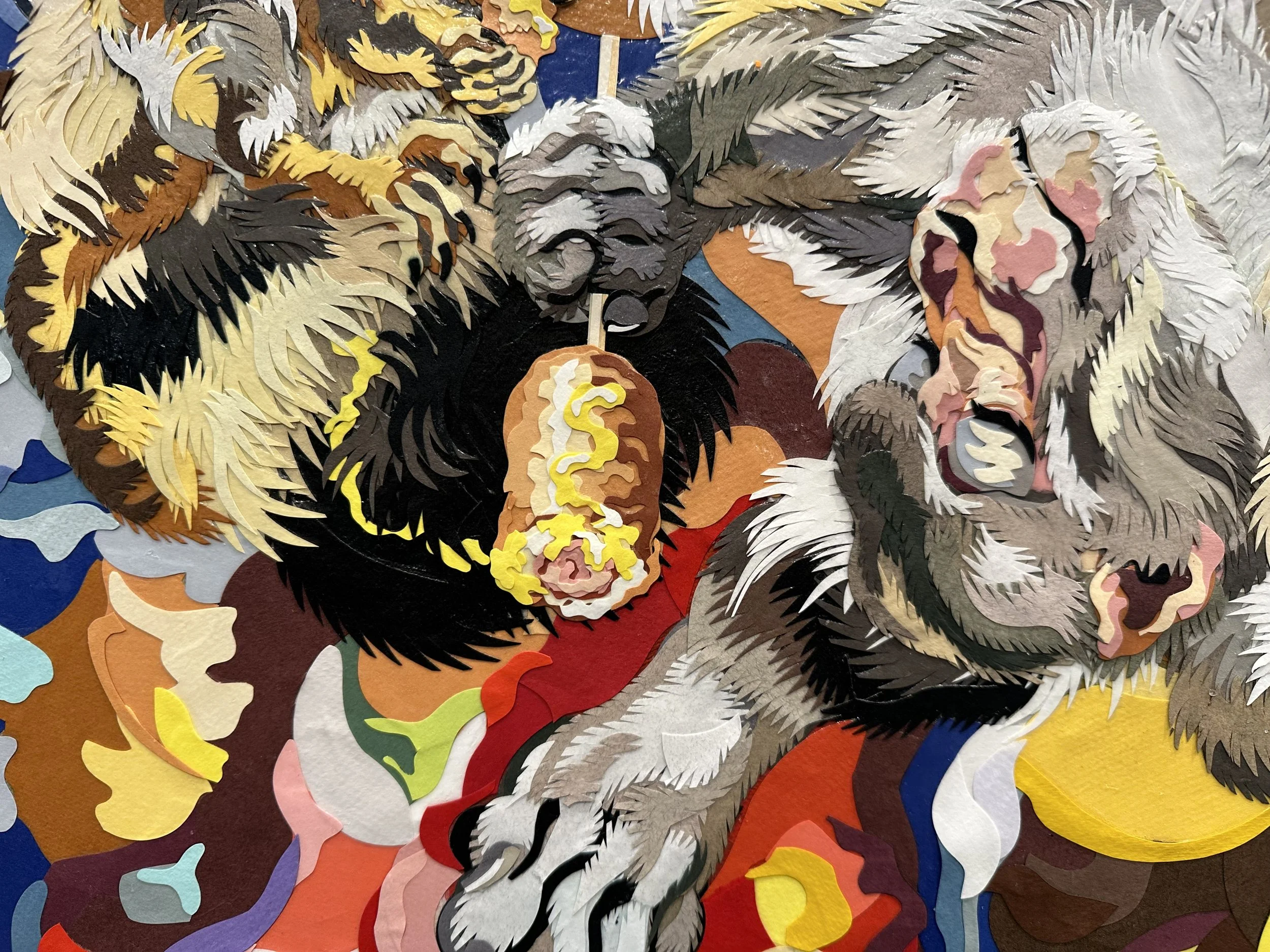 "Picnic at Lake Mead," 36x48in, hand cut paper and gel medium on canvas, 2022, DETAIL.