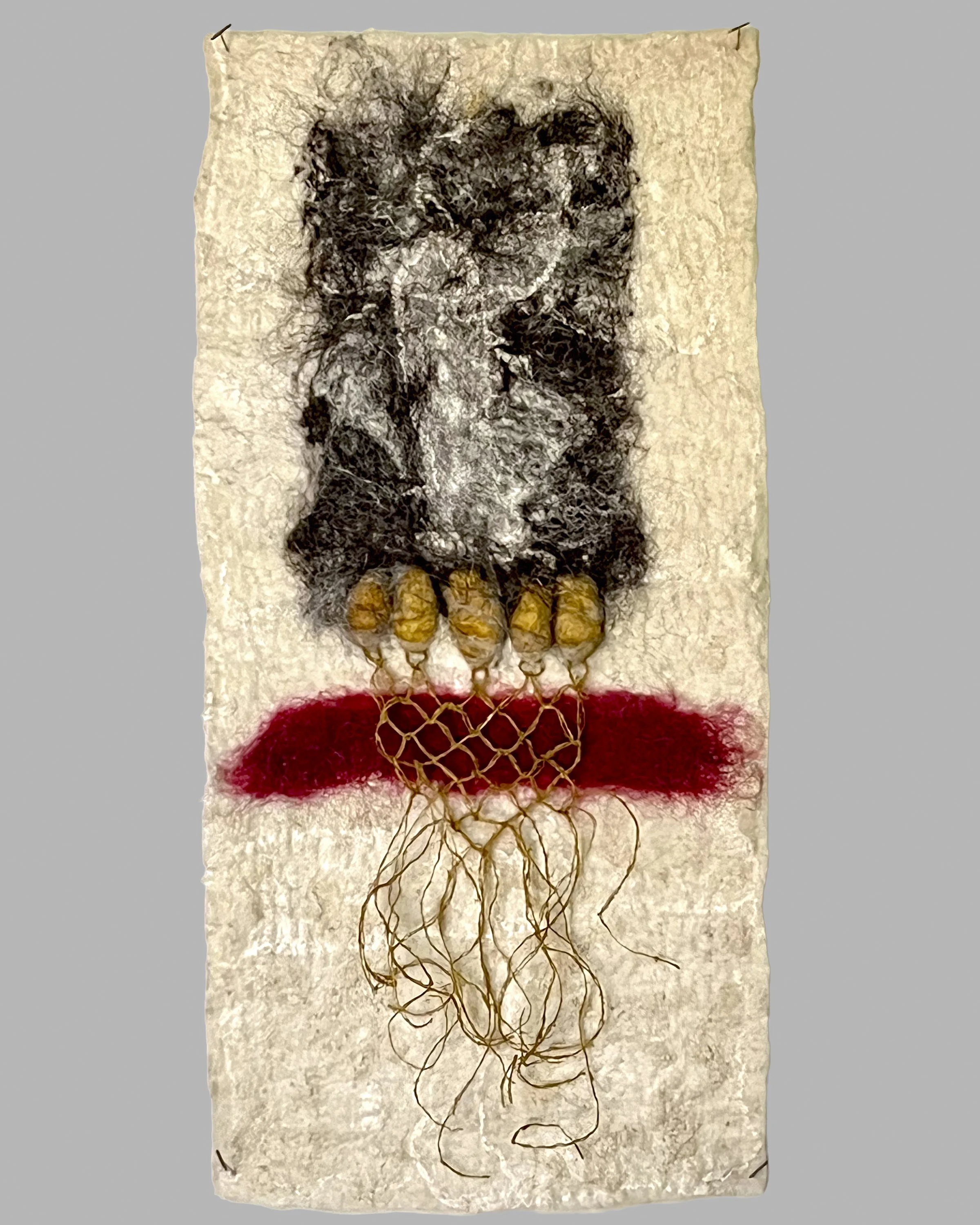 Embellished Cube,  2024  2’3” x 1’  Wool, silk; Cochineal and Marigold dyes  $700.