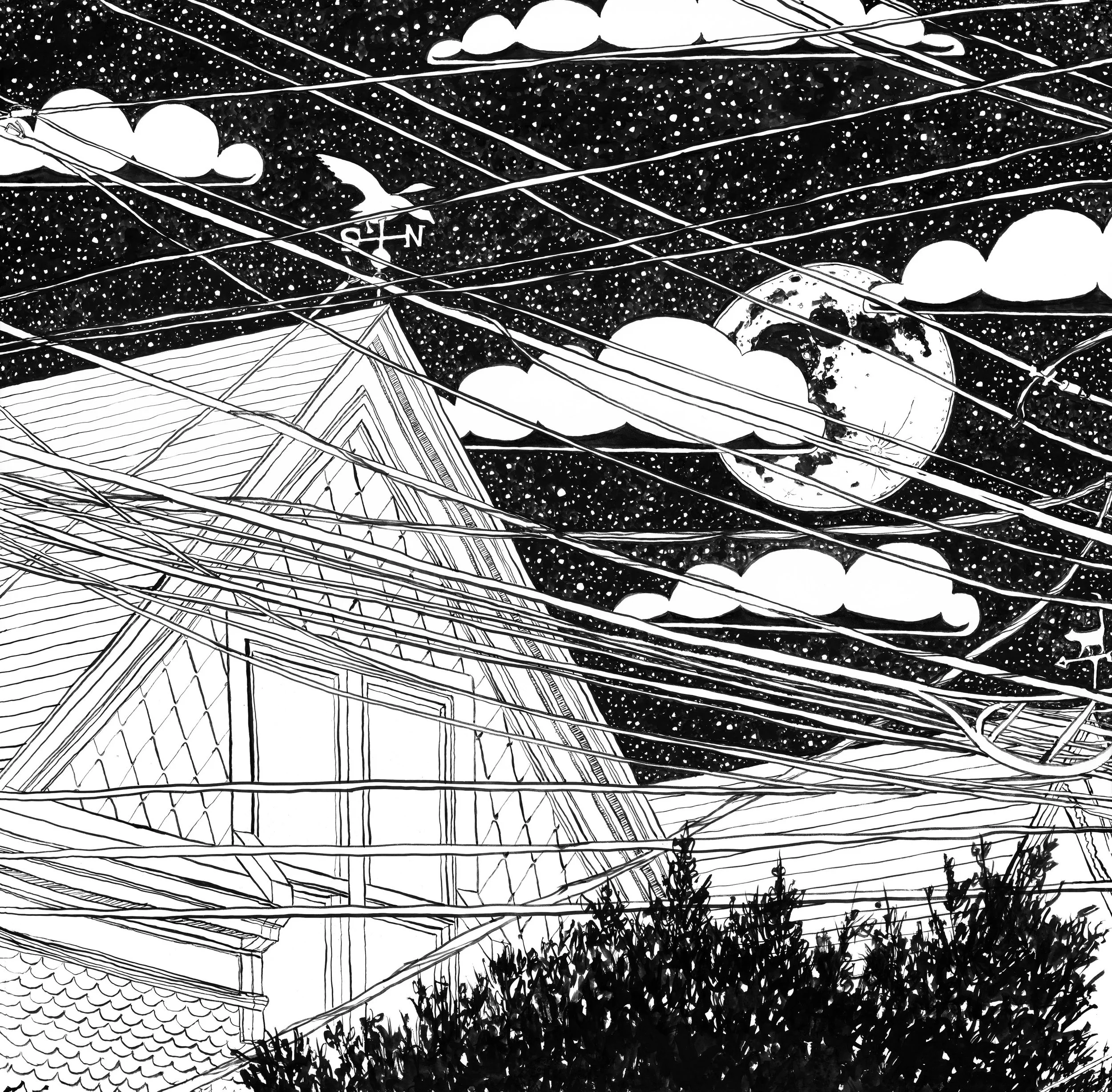 E Dyer, “There’s still time” whispers the cloud, “you can make it”, Dimensions: 12x12”, Medium: brush and ink on wood panel, Year: 2025

Price: $500
