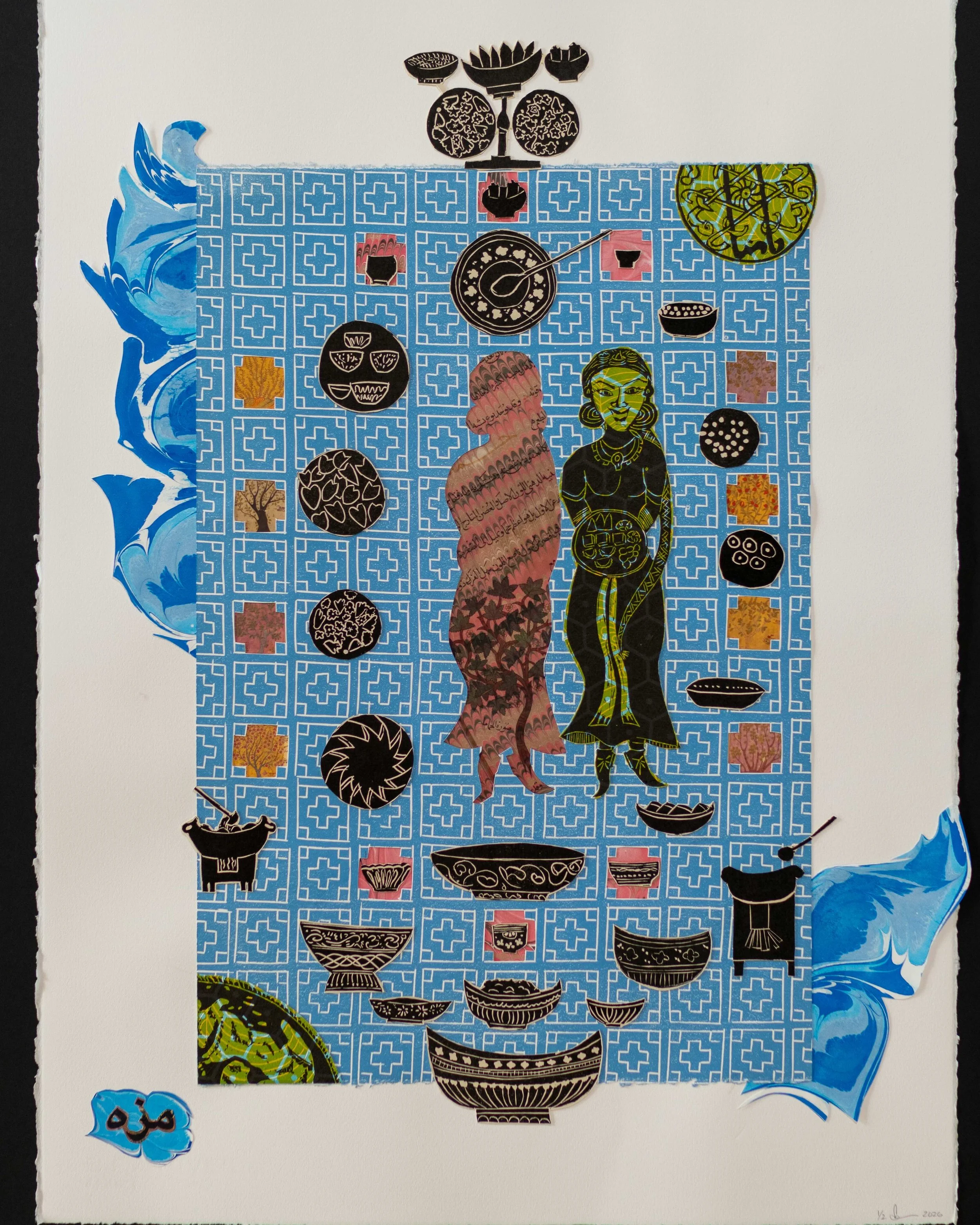  Maza, Revelers, 2 x 30 inches, Material: Lino cuts on letter press and French press prints on wasli paper and/or Rives Black and White papers, and hand marbled papers
