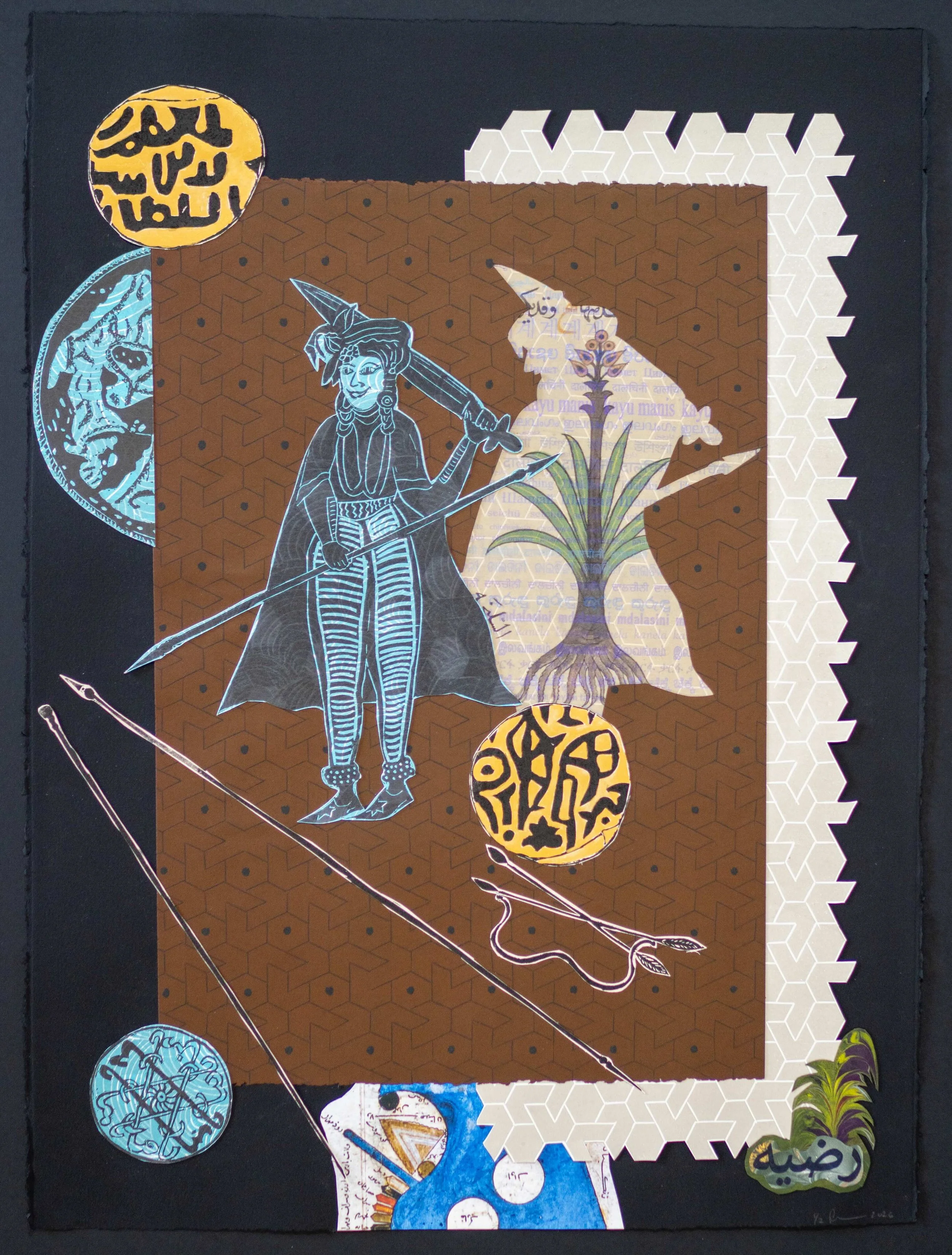 Razia, Defenders, 2 x 30 inches
Material: Lino cuts on letter press and French press prints on wasli paper and/or Rives Black and White papers, and hand marbled papers
