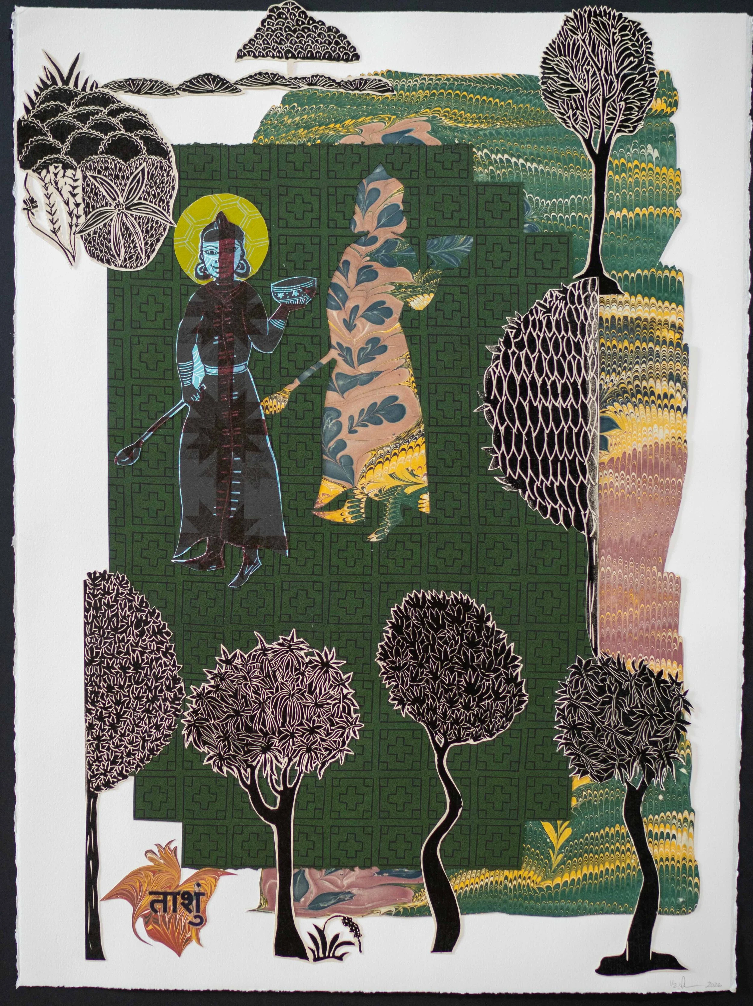Tashu, Foragers, 2 x 30 inches
Material: Lino cuts on letter press and French press prints on wasli paper and/or Rives Black and White papers, and hand marbled papers
