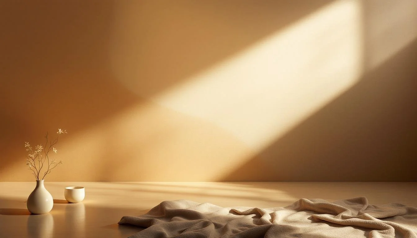 Minimalist interior scene with a beige wall, sunlight shadow, a white vase with delicate branches, a small bowl, and a crumpled cloth on a wooden surface.