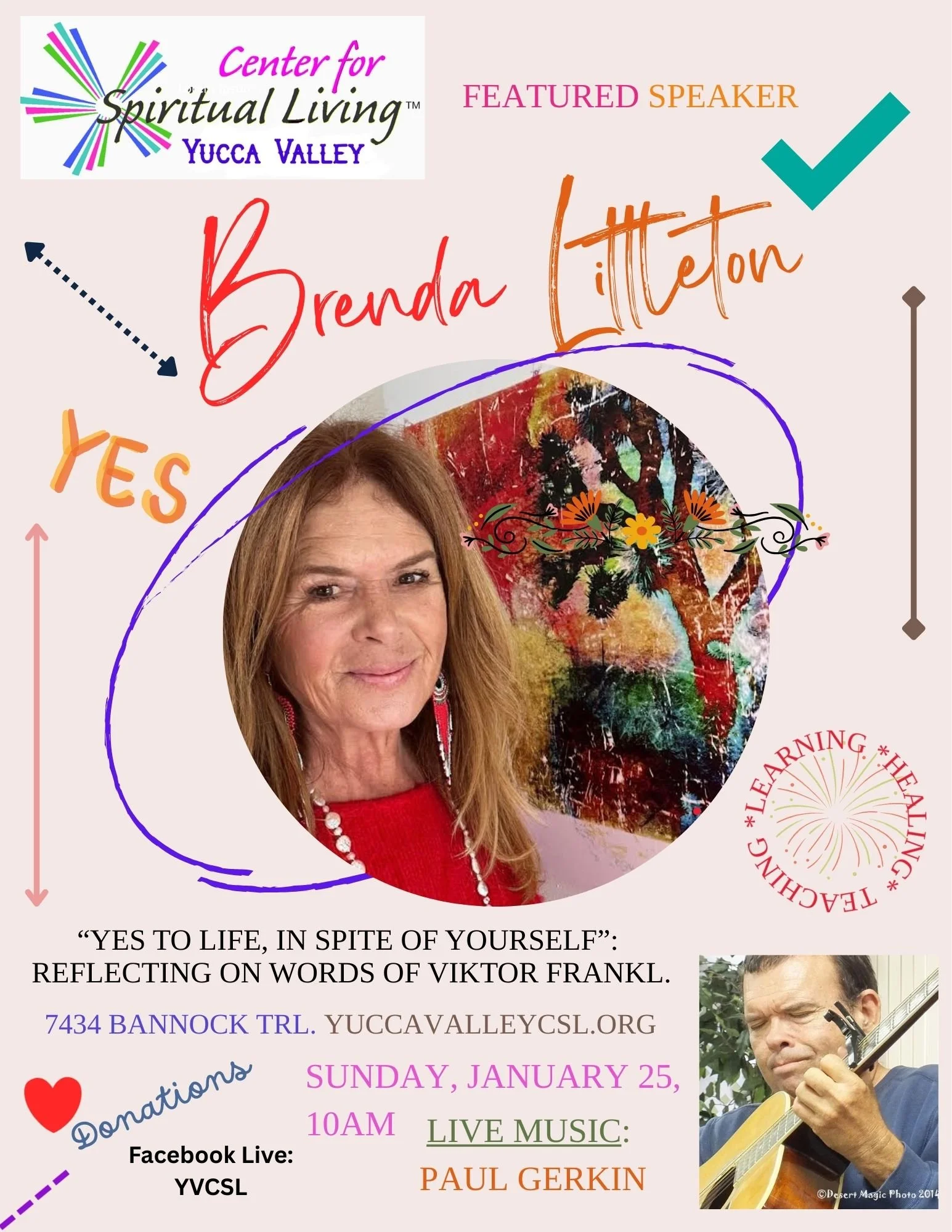 Flyer for an event at the Center for Spiritual Living in Yucca Valley featuring Brenda Littleton. Text promotes a gathering on Sunday, January 25, at 10 AM with live music by Paul Gerkin, and features a quote from Viktor Frankl