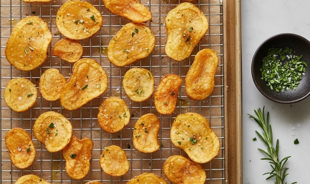Homemade potato chips coated with THC-infused oil cooling after baking for edible infusion