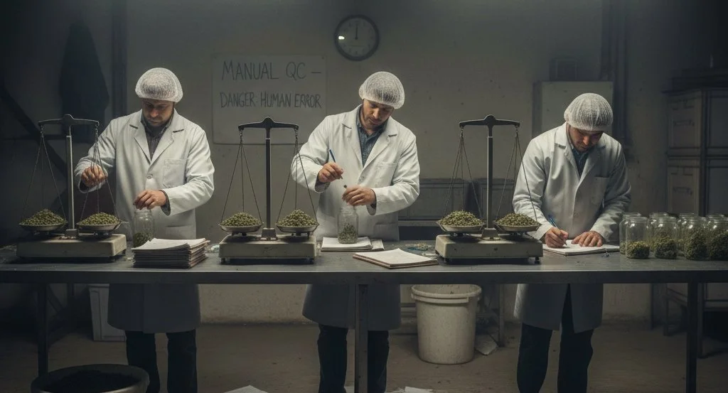 Manual weighing with workers using hand scales and paper logs, illustrating risk of human error, missing compliance records, and delayed production