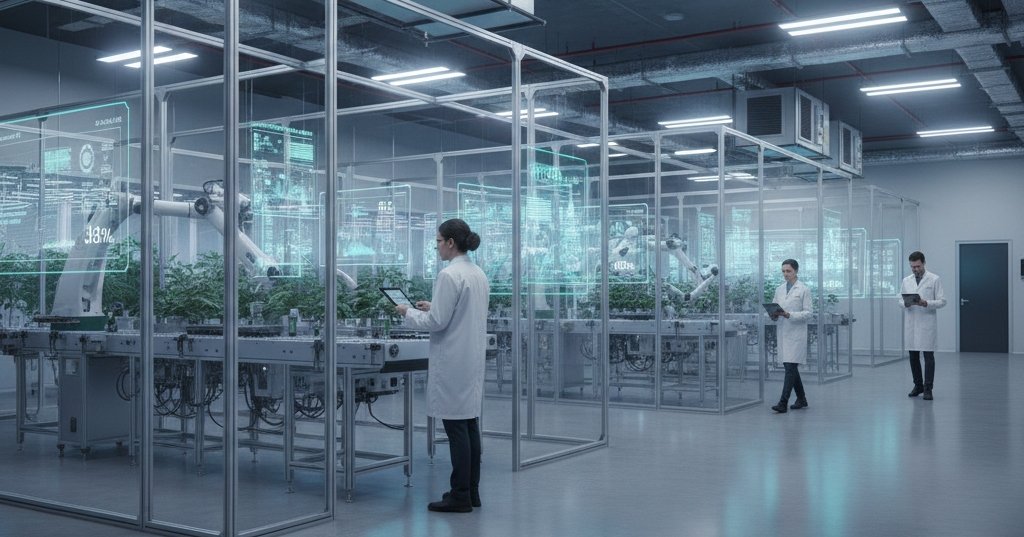 Modular cannabis facility with scalable automation stations, flexible partitions, and advanced HVAC systems for future regulatory compliance