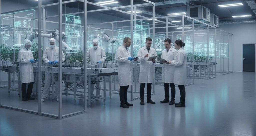 Cannabis production facility transitioning to automation in phases, with workers learning to operate robotic systems while maintaining manual quality checks