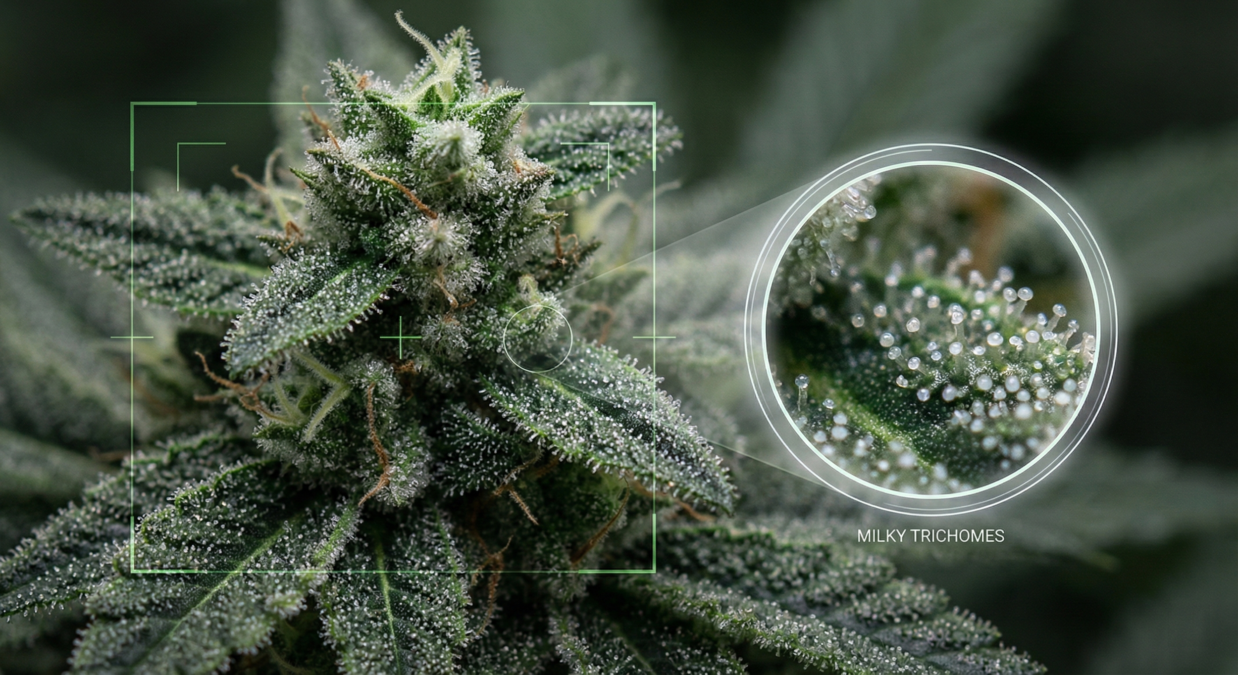 Macro cannabis flower showing trichomes with digital focus overlay.