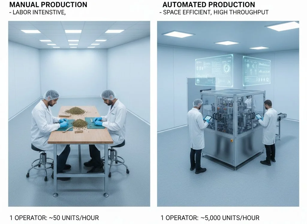 Comparison of manual cannabis hand-rolling versus automated pre-roll filling machine producing high volume efficiently