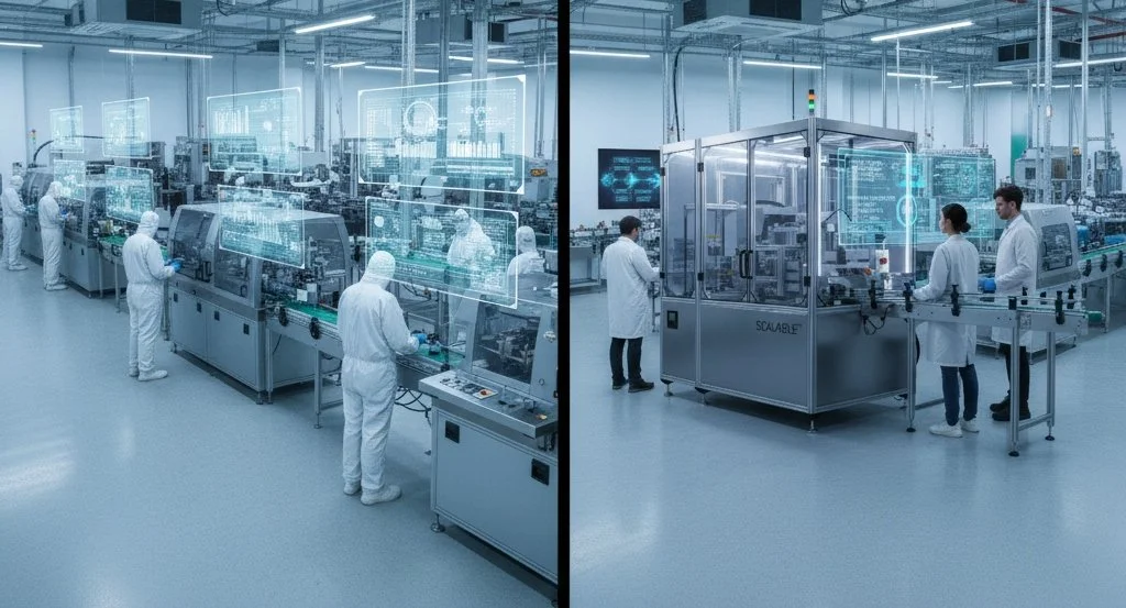 Comparison of full-scale integrated cannabis production line versus compact modular automation setup, highlighting flexibility and lower capital risk