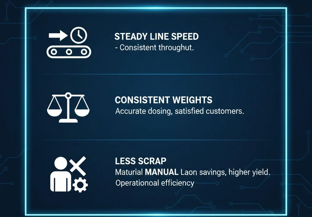 Infographic showing benefits of automated weight control: faster production, fewer rejects, lower material waste, reduced labor pressure
