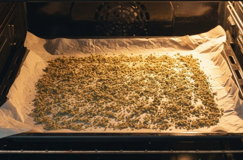 Cannabis flower decarboxylating in oven tray to activate THC before making infused chips