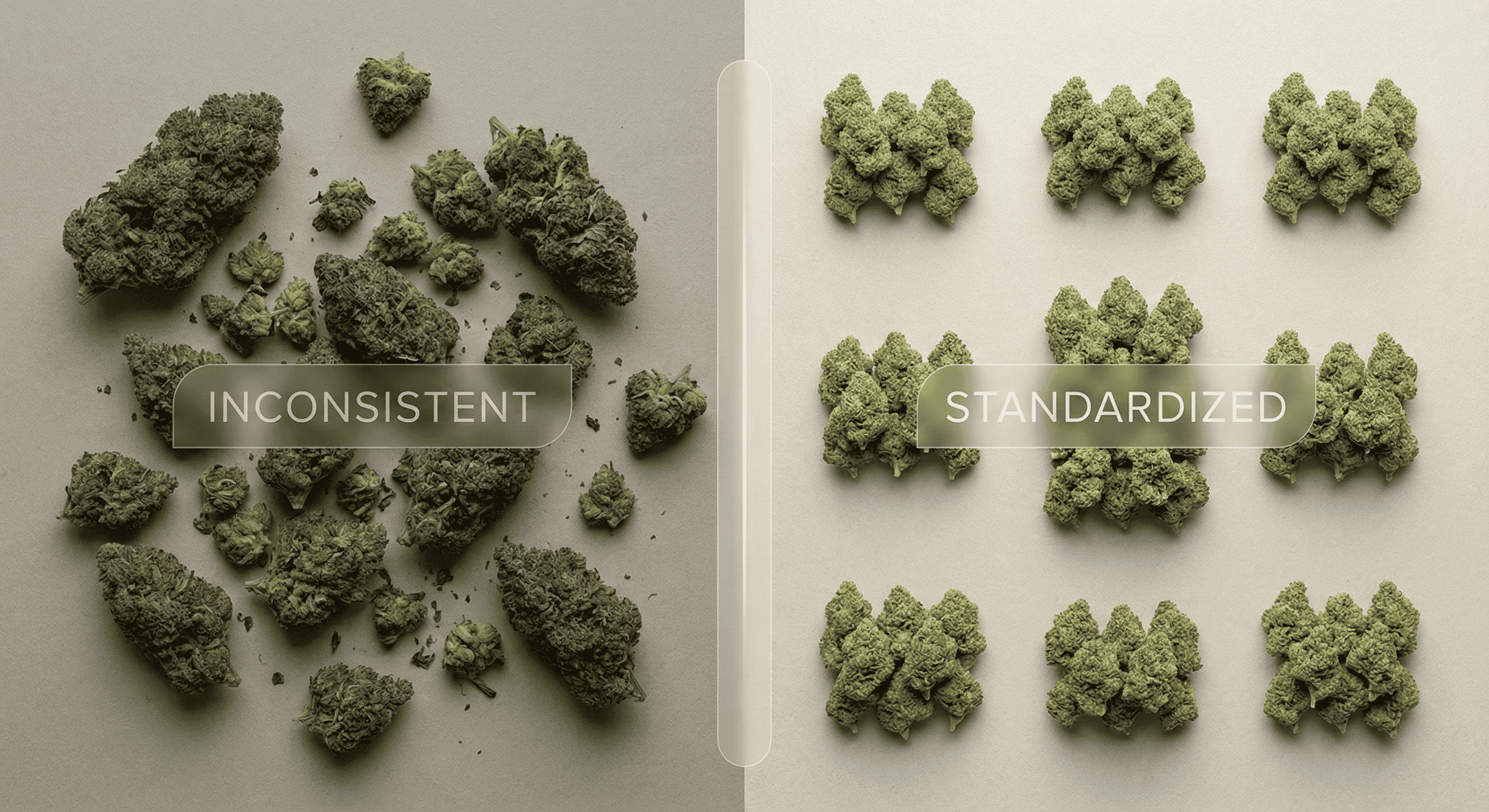 Comparison of inconsistent cannabis buds versus uniform standardized buds.