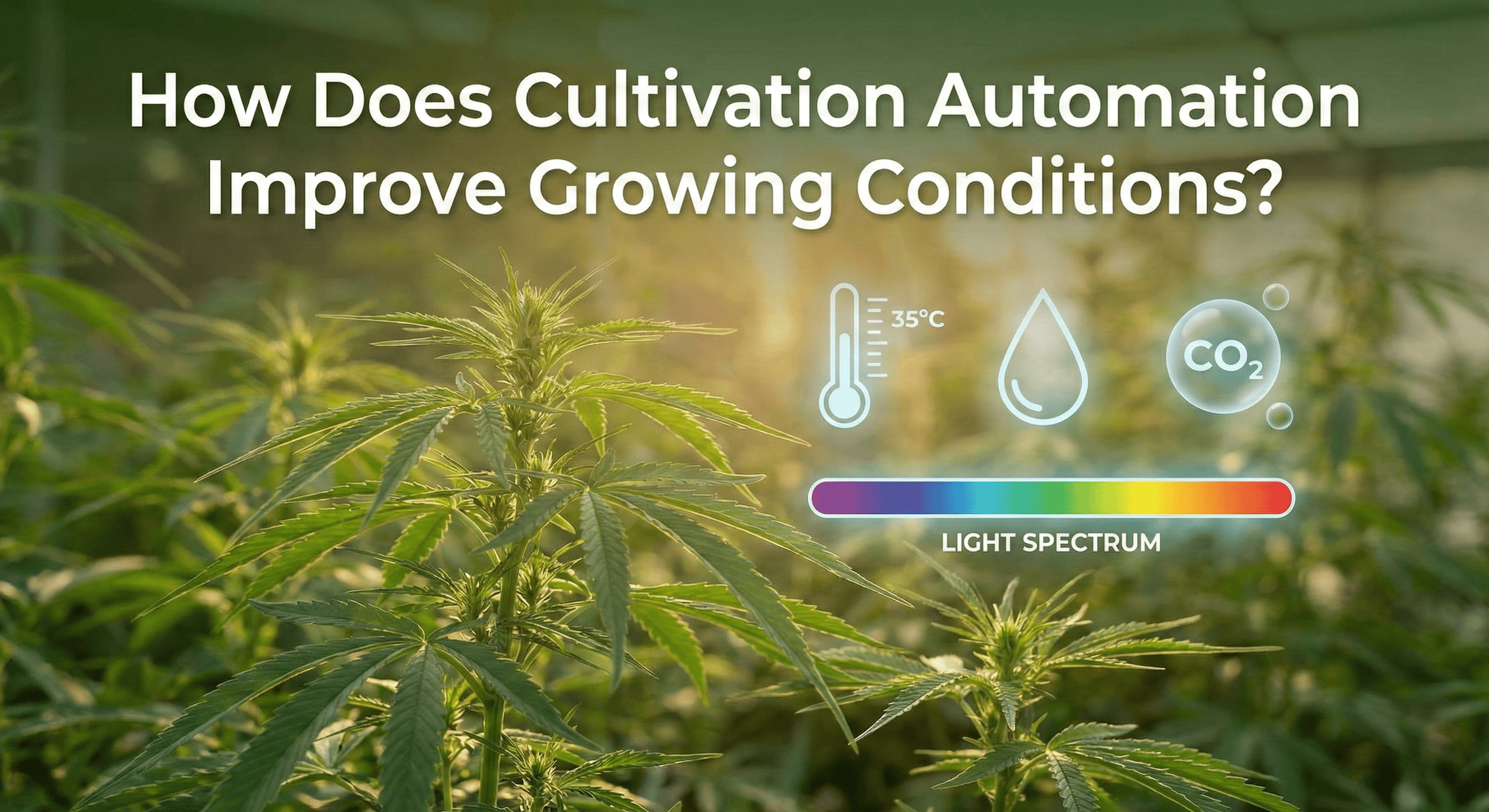Healthy cannabis plants with digital environmental indicators overlay.