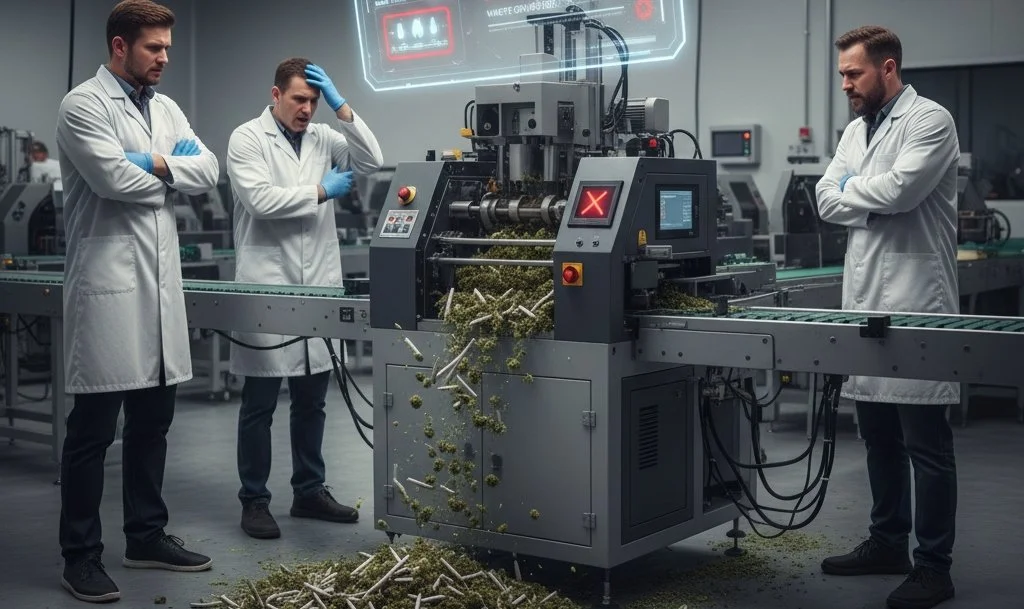 Illustration of misaligned cannabis automation showing high-speed machine producing defects due to inconsistent input material