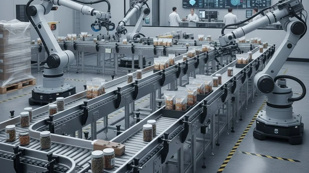 Automated cannabis packaging line with conveyor systems