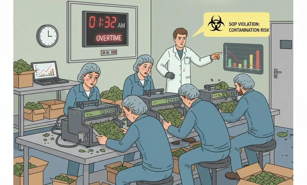 Stressed cannabis workers showing high turnover, fatigue, compliance risks, and rising labor costs during early scaling