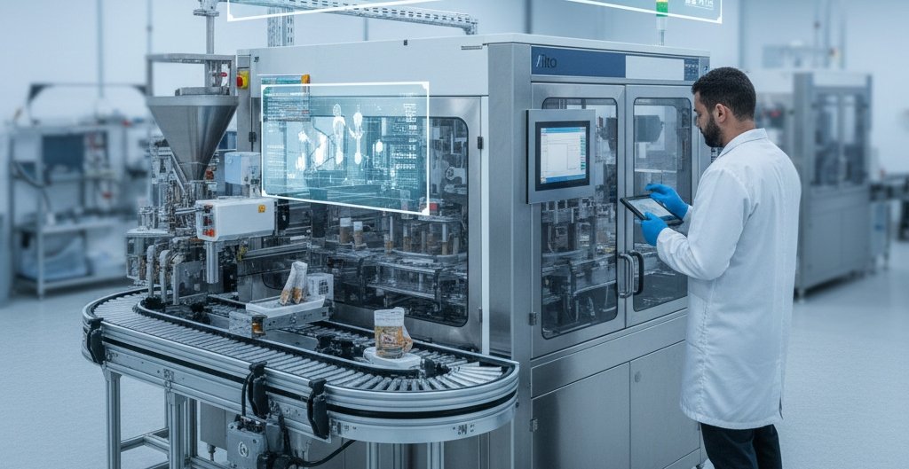 Compact cannabis automation equipment in action, operated by a single employee, maximizing production density in limited floor space