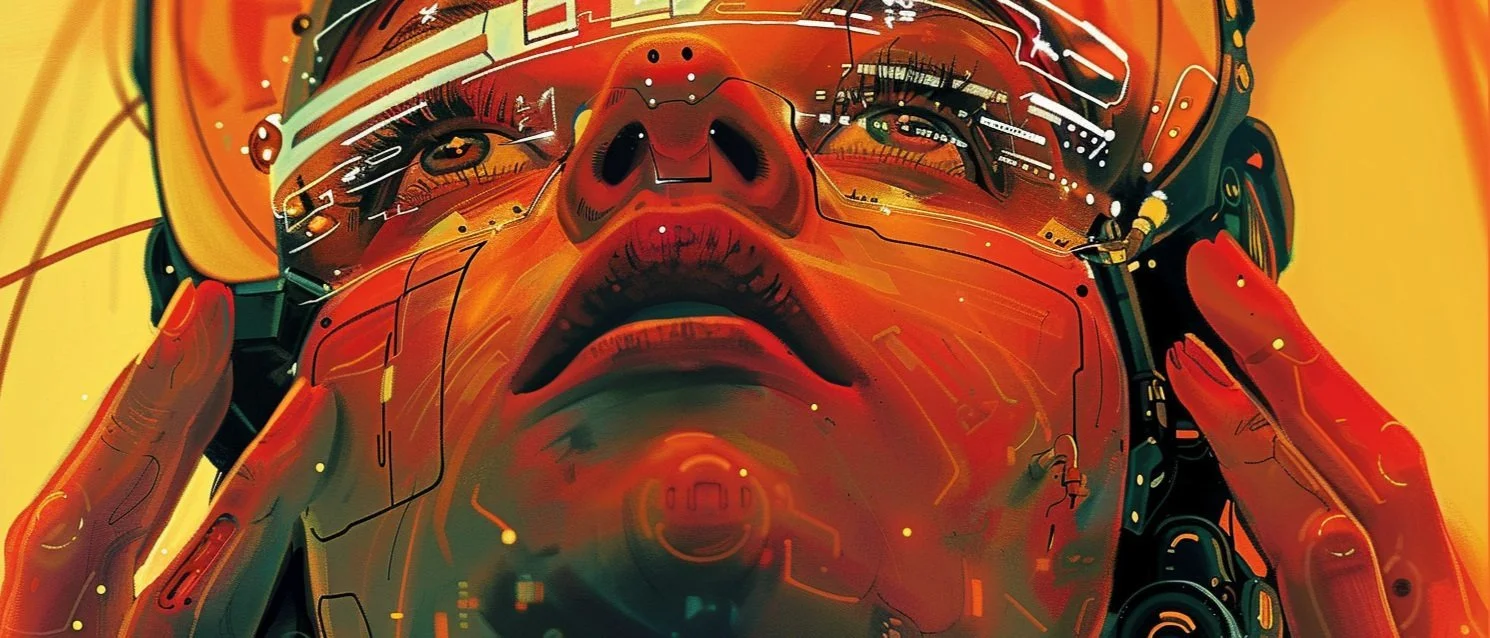 Close-up of a futuristic cyborg face with high-tech details, vibrant colors, and a yellow background.