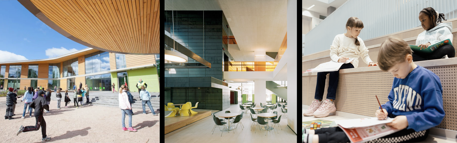 A collage of three images. The first shows children outside a modern school building with a curved roof, talking and playing. The second depicts the interior of a spacious, modern educational facility with green and black accents, tables, and chairs. The third features children sitting on tiered seating, reading and writing.