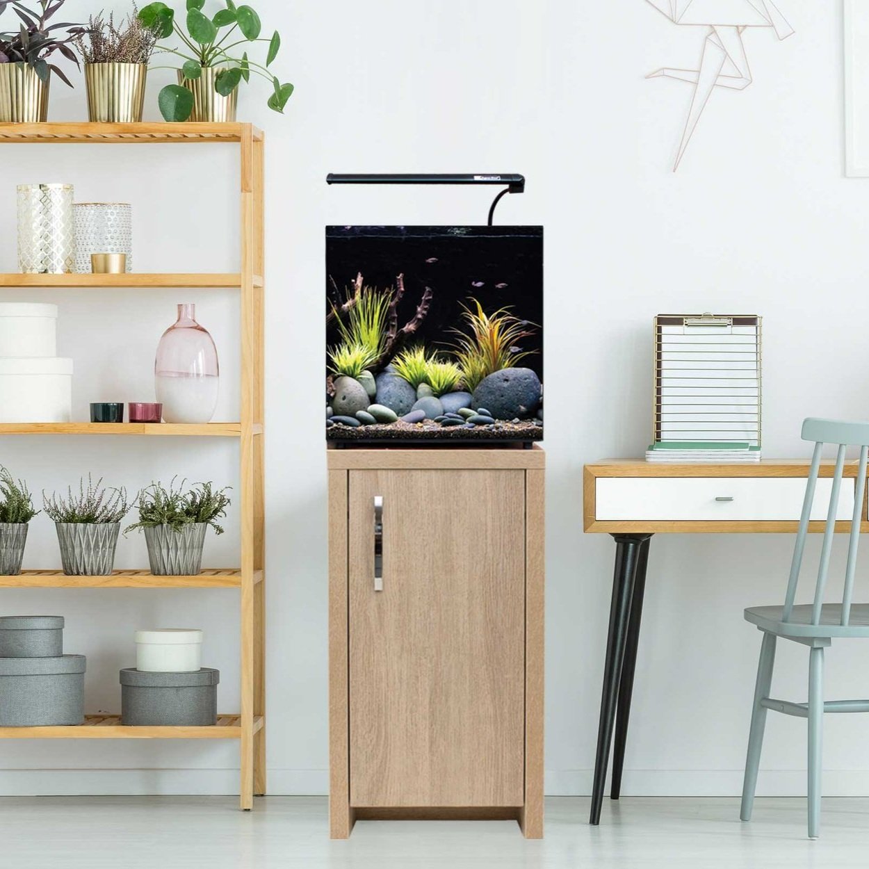Interior room with a modern aquarium on a wooden stand, surrounded by shelves with plants and decorative items, a small desk, and a chair against a white wall.