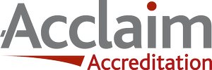 Acclaim Accreditation logo with gray and red text