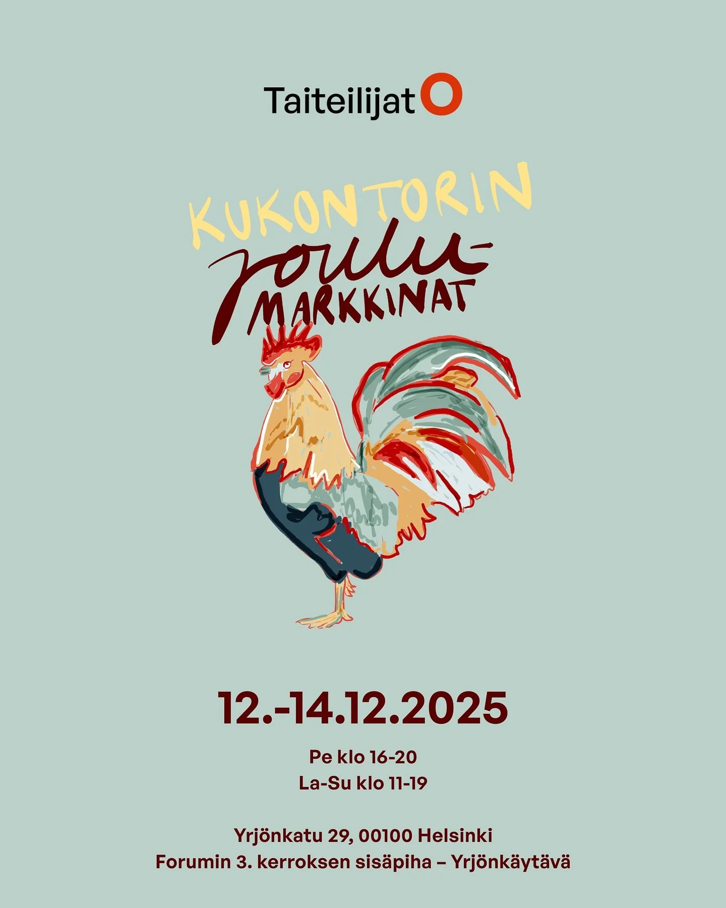 Olen mukana Kukontorin joulumarkkinoilla pe-su 12.-14.12.2025! L&ouml;yd&auml;t minut ja joukon muita Taiteilijat O:n j&auml;seni&auml; Forumin 3.krs:n Yrj&ouml;nk&auml;yt&auml;v&auml;lt&auml;, jossa meill&auml; on upea valikoima taidetta ja muotoilu