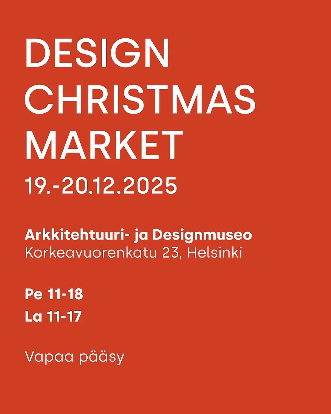 Tule nauttimaan joulun tunnelmasta ja l&ouml;yd&auml; ihanimmat lahjat Arkkitehtuuri- ja designmuseon joulumyyj&auml;istapahtumasta. Myynniss&auml; on valikoima paikallisten taiteilijoiden ja muotoilijoiden k&auml;sity&ouml;n&auml; valmistettuja, uni