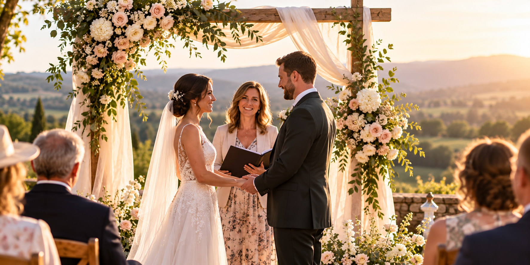 A couple exchanging vows during an outdoor celebrant-led wedding ceremony with their celebrant.
