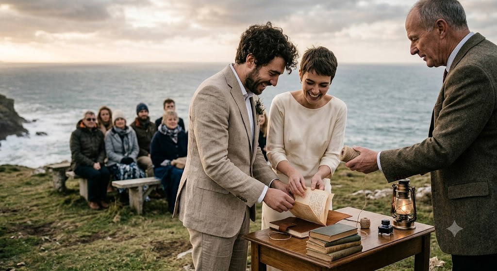 A bride in a simple cream dress and a groom in a beige linen suit look happily at a leather journal during their outdoor cliffside wedding ceremony overlooking the ocean at dusk, with an officiant and a small group of seated guests behind them.