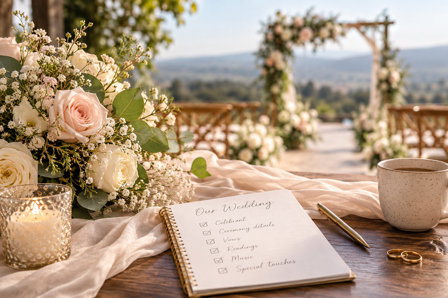 Wedding ceremony planning with flowers, rings and a celebrant checklist.