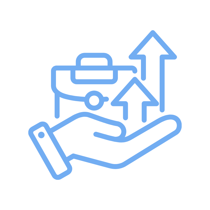 A blue icon of a hand holding a briefcase.