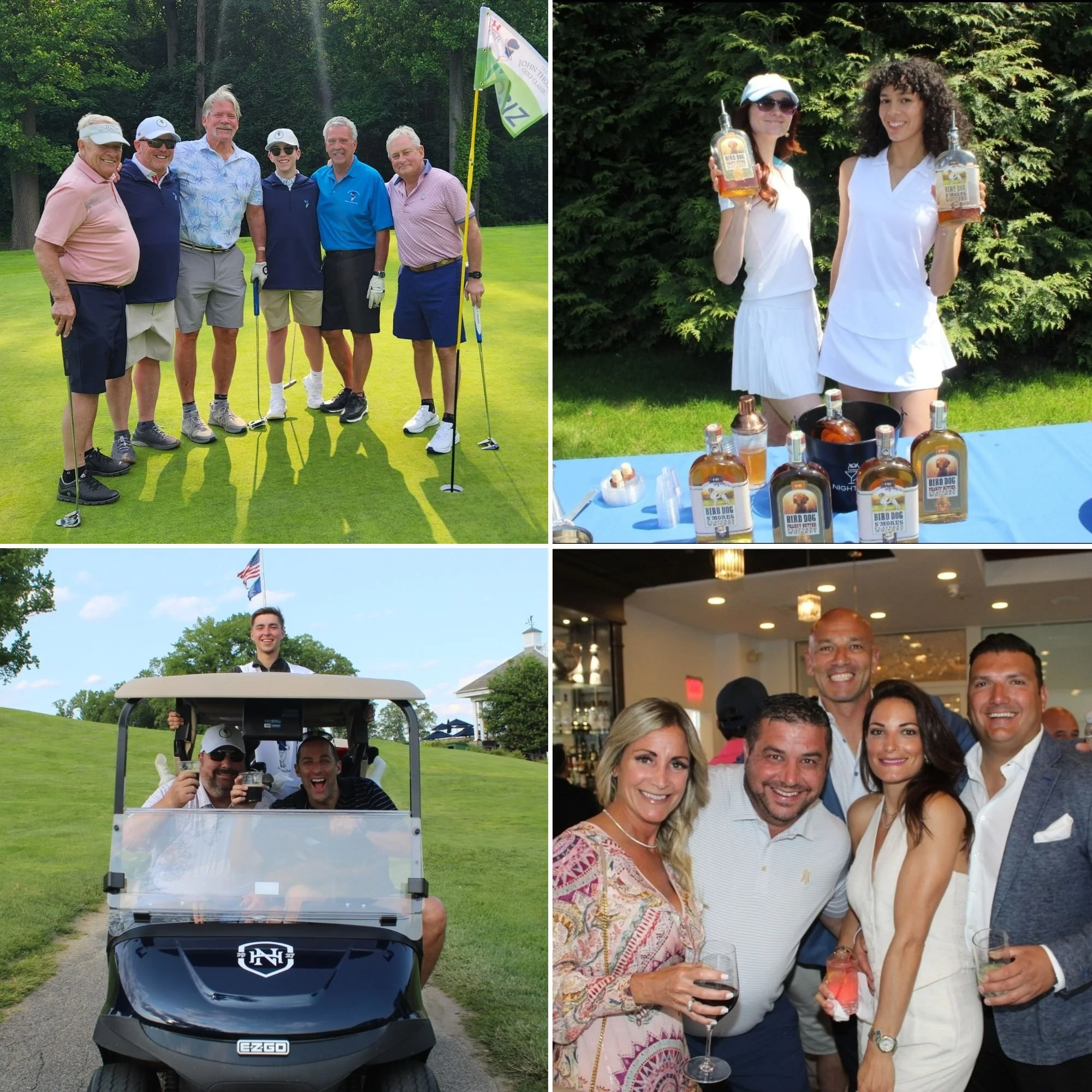 Collage of four photos showing a golf outing and social gathering: top left features a group of seven men on a golf course, top right shows two women with bottles of alcohol at an outdoor table, bottom left depicts two men and a woman on a golf cart with a young man standing behind, and bottom right displays a group of five smiling people at an indoor party holding drinks.
