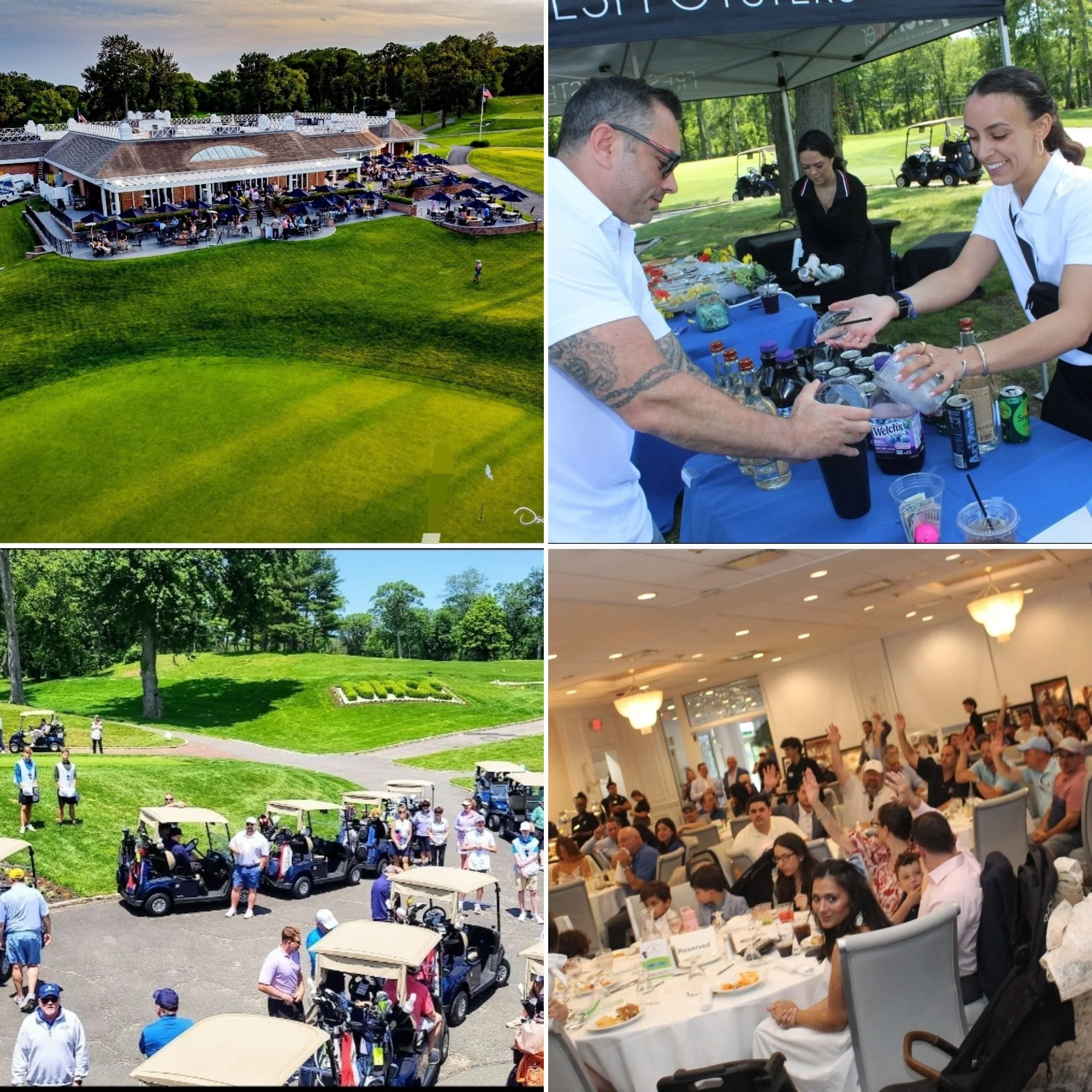 Collage of four images: Top left shows an aerial view of a golf club with a large patio and green golf course; top right features people preparing drinks at a refreshment stand outdoors at a golf course; bottom left depicts a busy golf course parking lot with golf carts and people; bottom right captures a group of people seated at tables in a banquet hall during a social event.