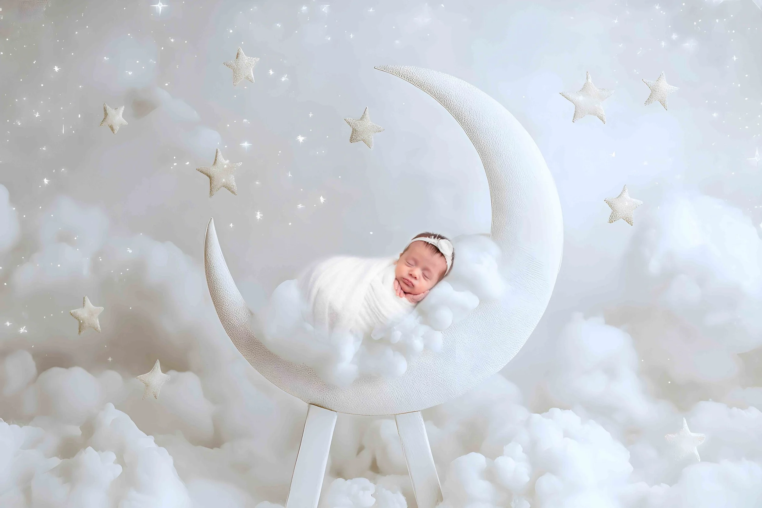 Rhode Island newborn photography swaddled baby sleeping in studio on white moon with clouds by Anna Kay Photography
