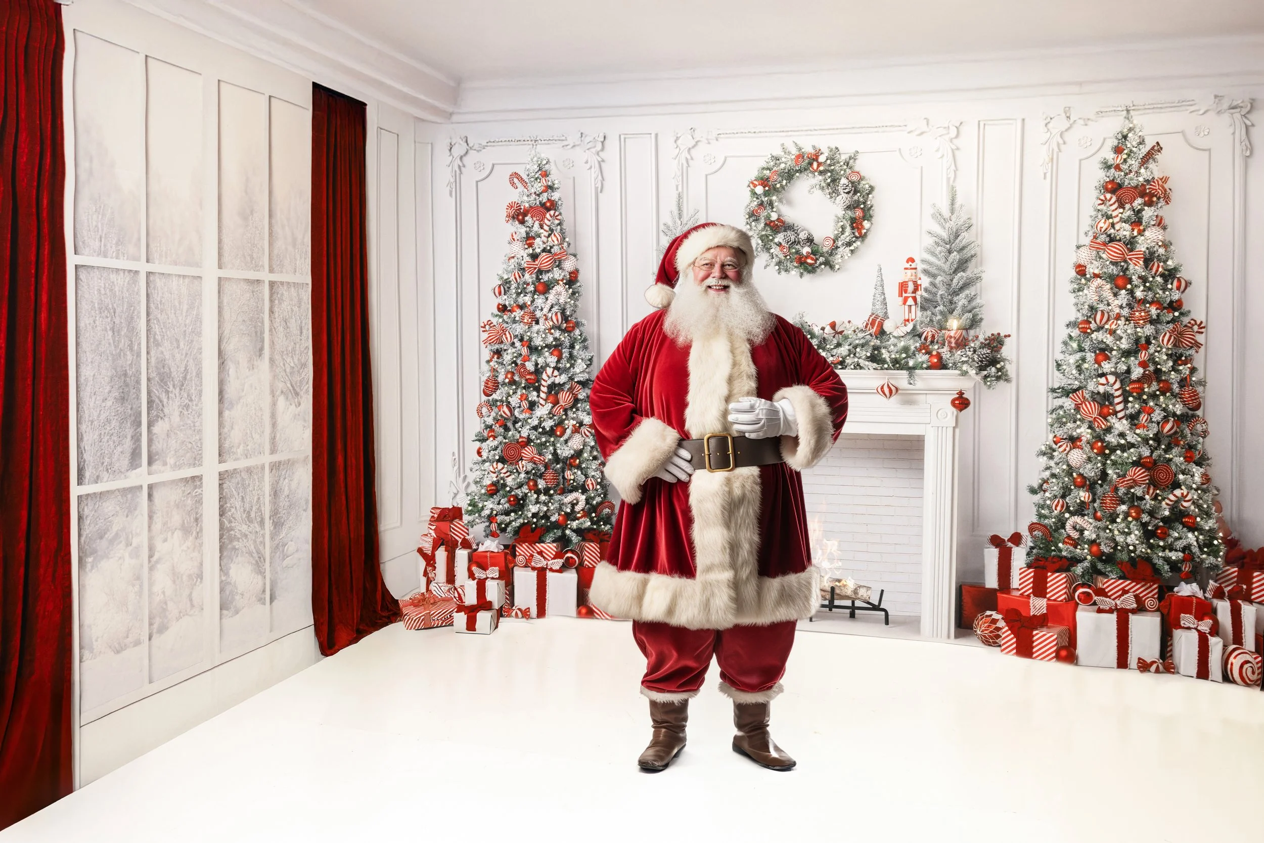 Santa Claus standing in a festive Christmas setting with decorated trees, wreaths, and presents.