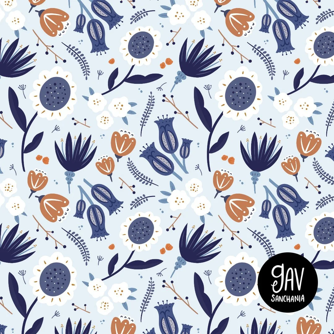 Blue, white and gold floral pattern