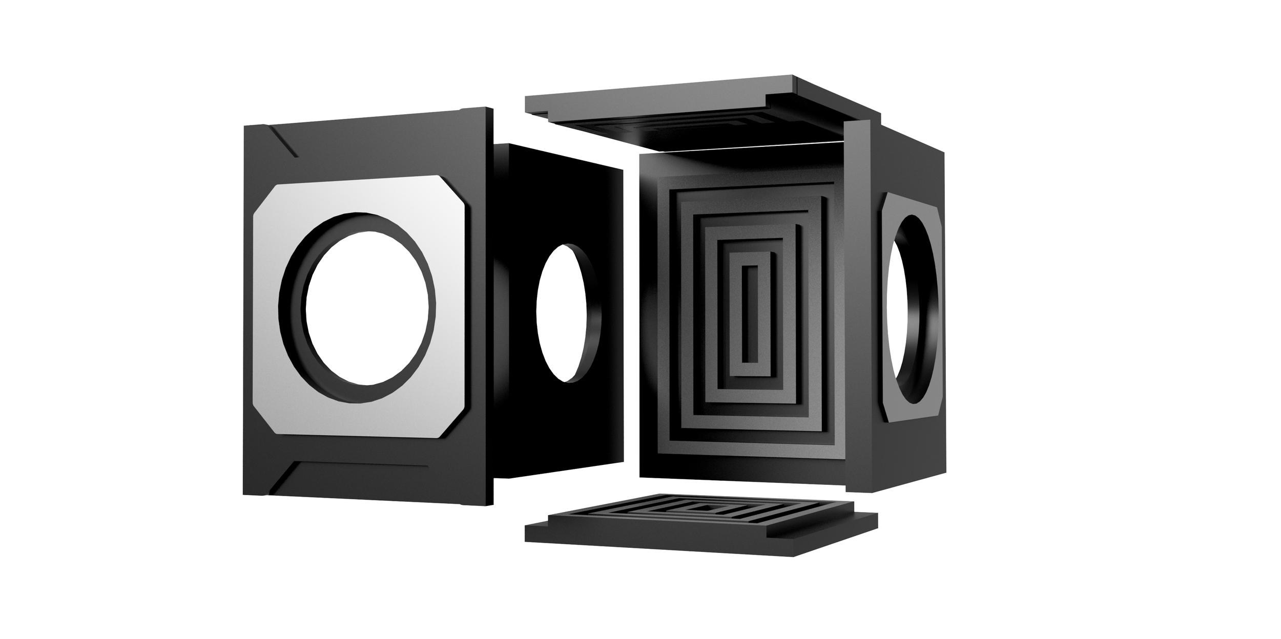An exploded view of a black Mini Box-Y with custom internal pocket pattern.