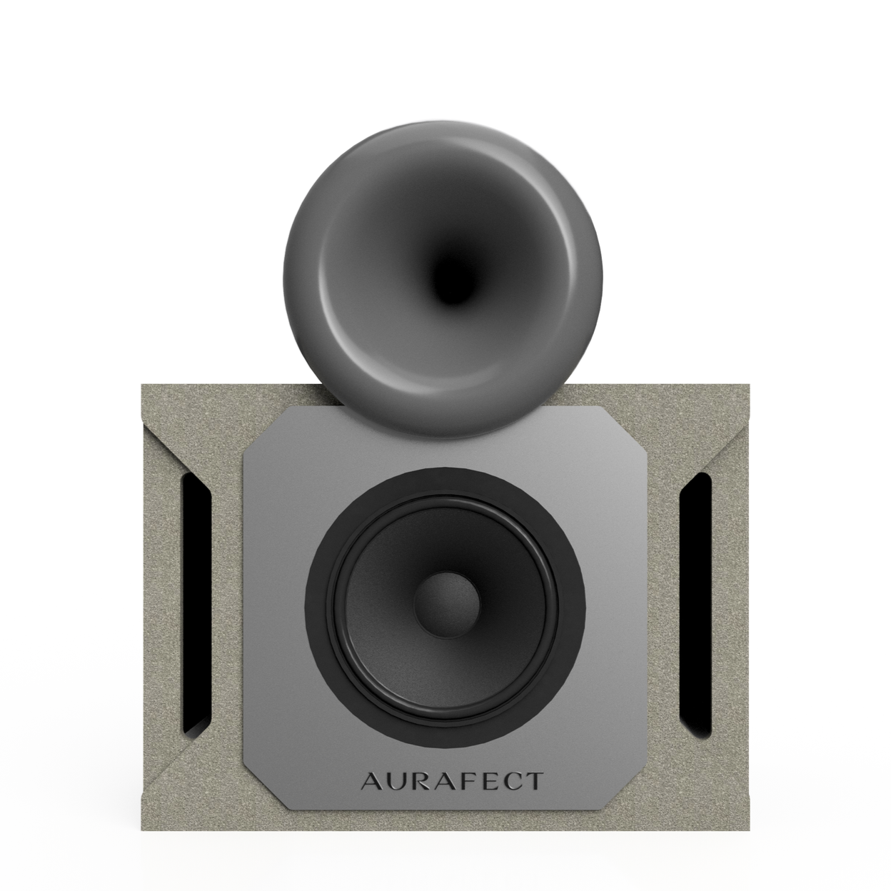 A close-up frontal view of the Box-Y with a grey 3D-printed HF Horn.
