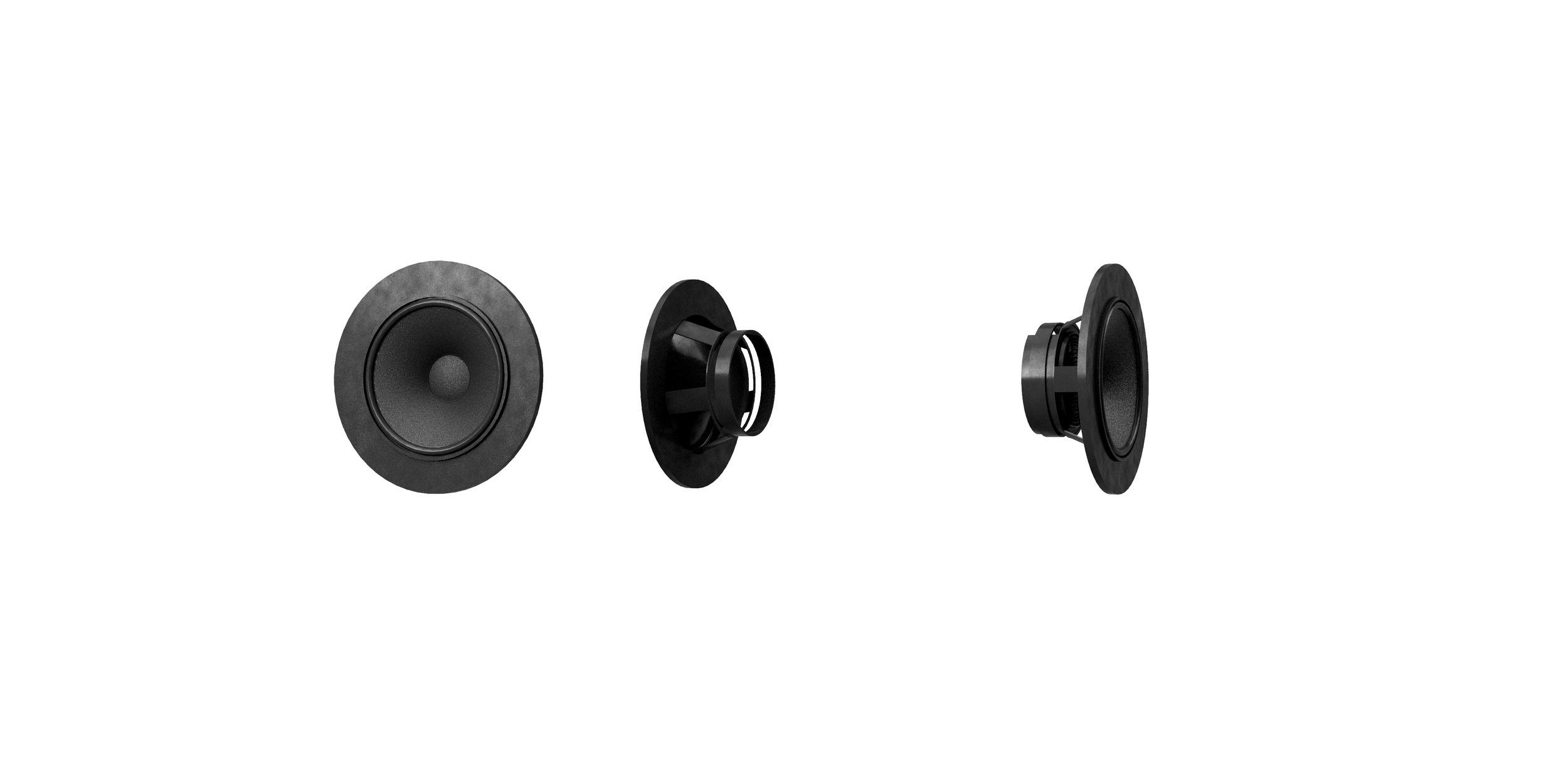 The components of the Mini Box-Y, aligned horizontally, showing front, side, and back views of the drivers.
