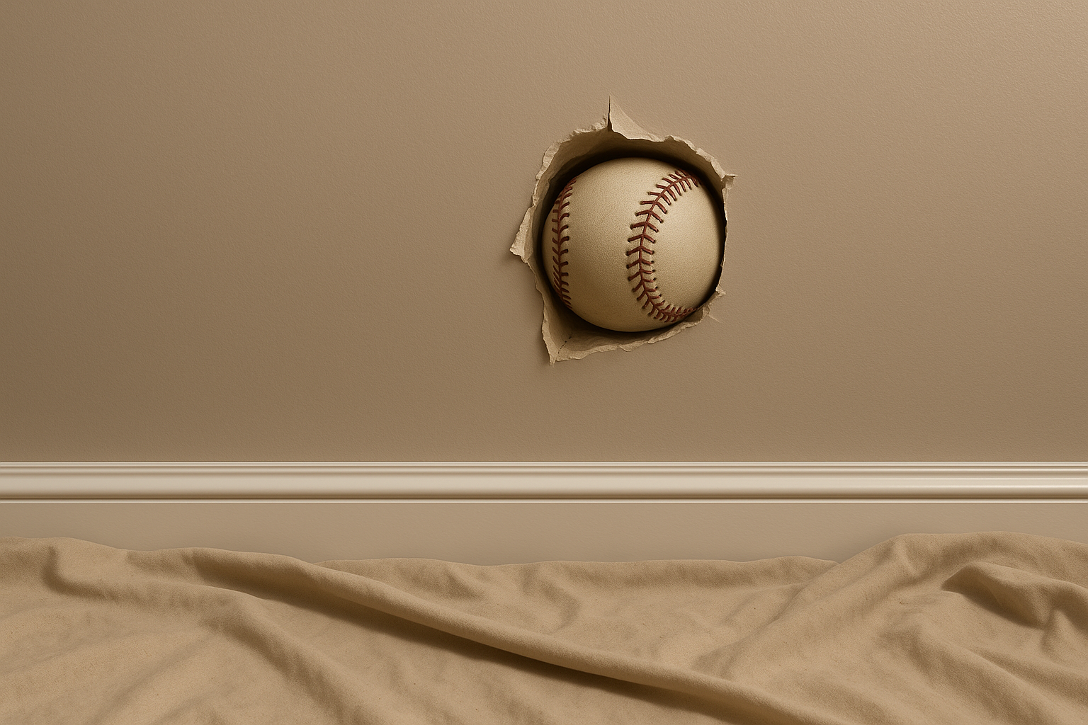 An image of a baseball that has caused a hole in drywall that is about to be repaired.