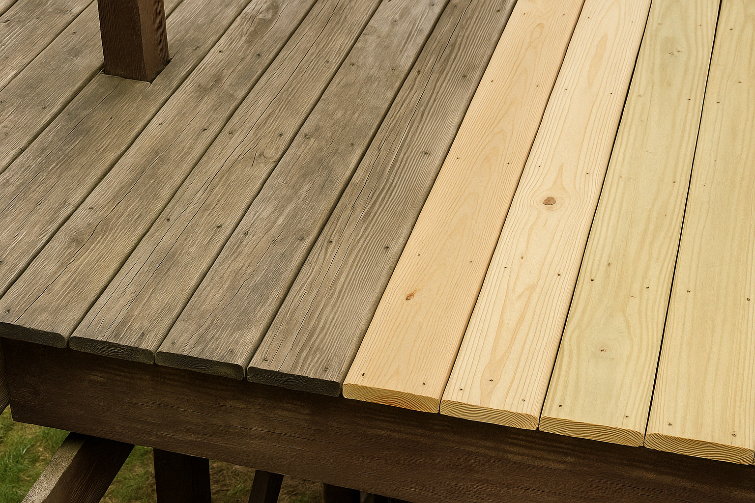 Close-up of a wooden deck with a transition from weathered gray wood to new light-colored wood planks.