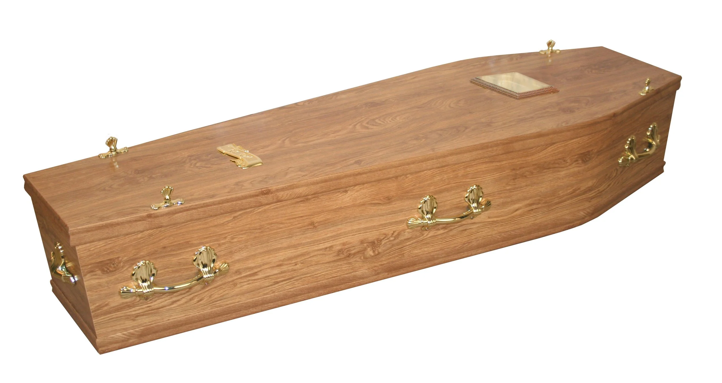 Morpeth - Polished medium oak veneer coffin.  With brass or nickel furniture and name plate.