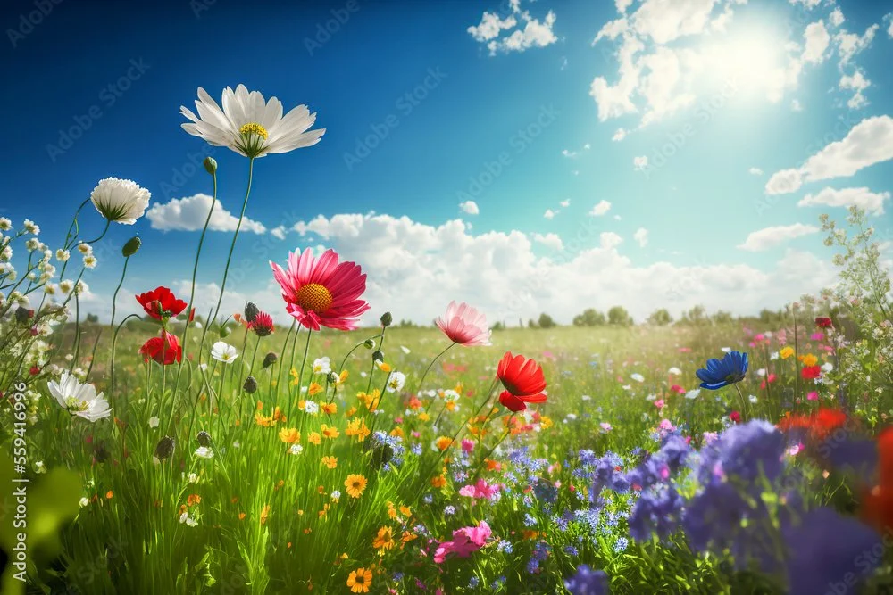 Colorful wildflowers grow in a lush green field under a bright blue sky with scattered clouds and sunlight.