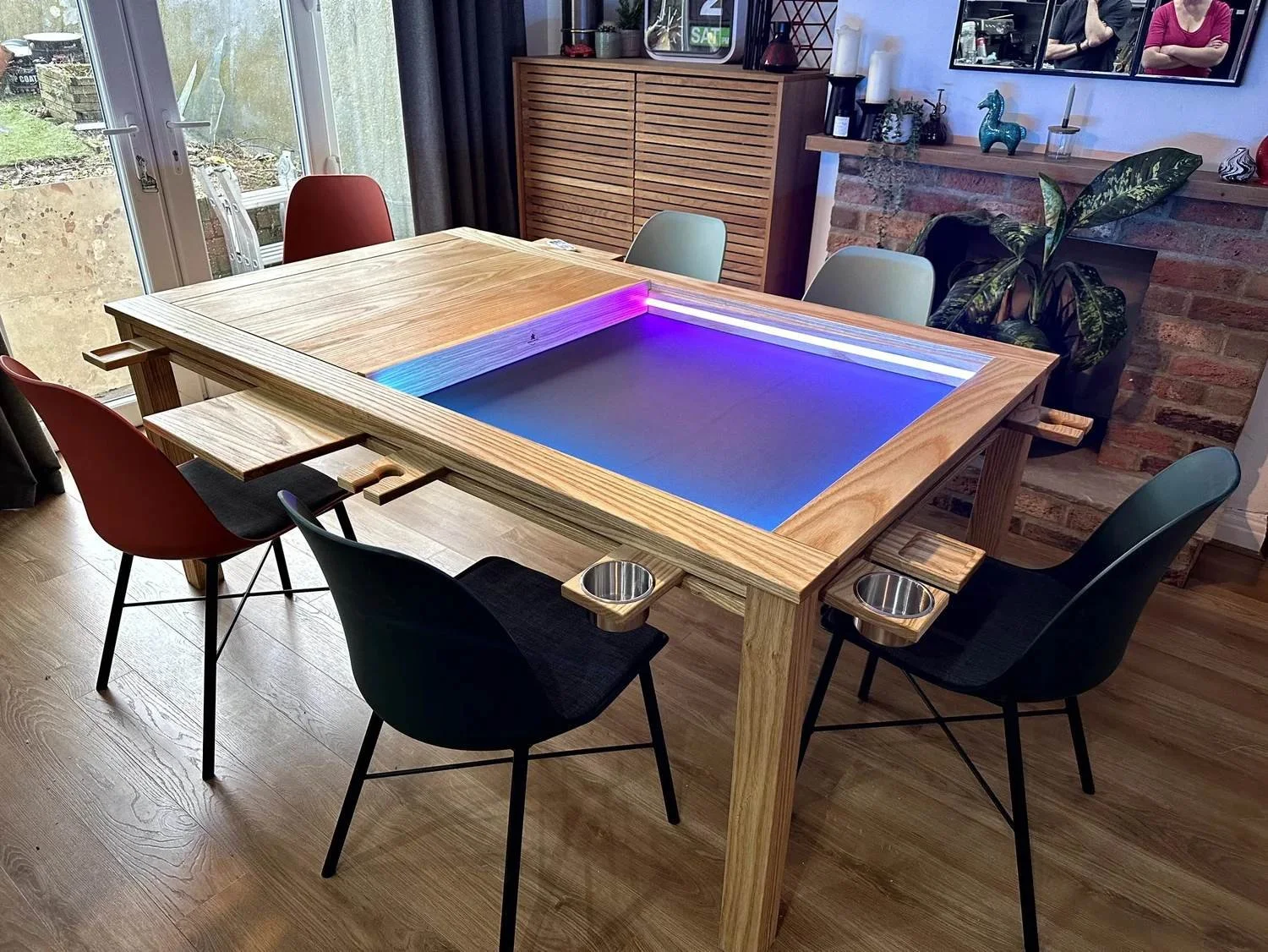 Meeplewood gaming table with a recessed play area, LED lighting and cup holders