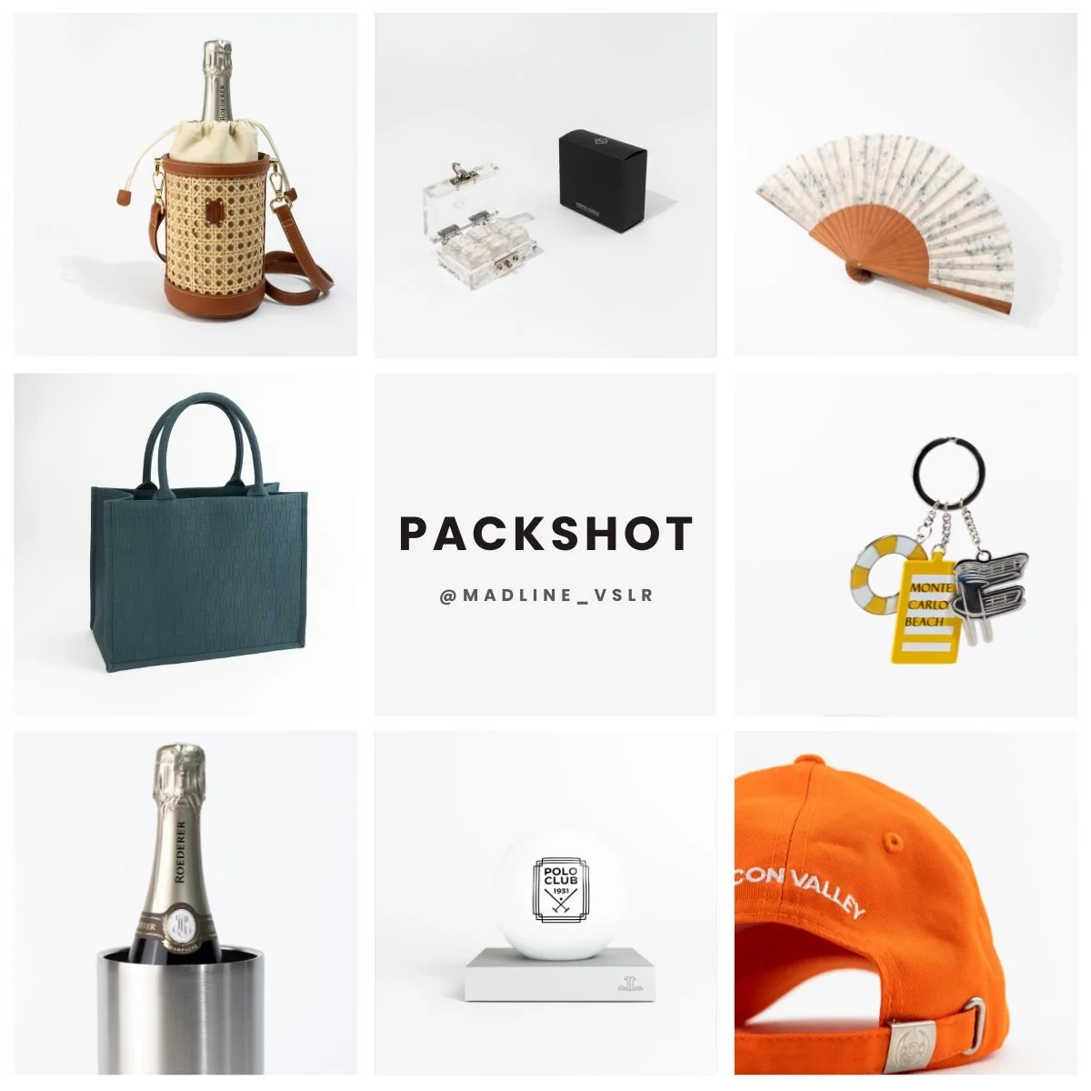 Collage de neuf images montrant divers objets de mode, accessoires de voyage, articles de loisirs et objets de luxe, avec le mot "PACKSHOT" écrit au centre.