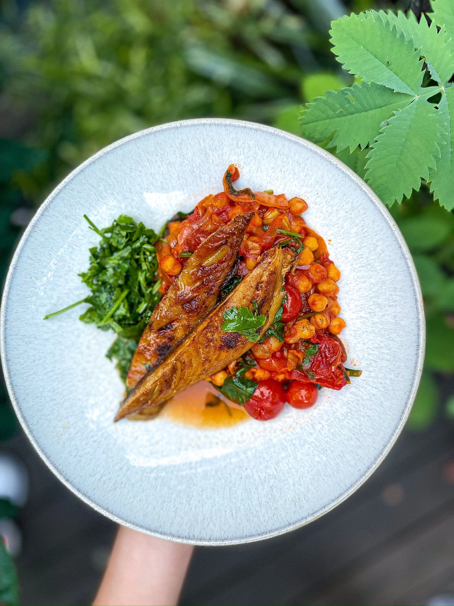 Chickpea Stew Topped with Baked Mackerel Fillets and Coriander