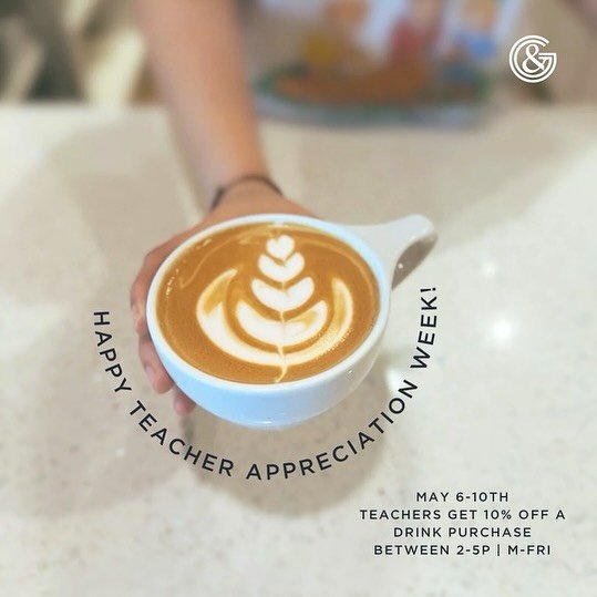 TEACHERS🍎👩🏻&zwj;🏫
We appreciate you a latte! That&rsquo;s why we are celebrating by offering 10% off your drink from 2-5pm during the week of May 6-10th. (Must have school ID upon purchase, limit one per day). Come in and treat yourself! 🫶 

#te